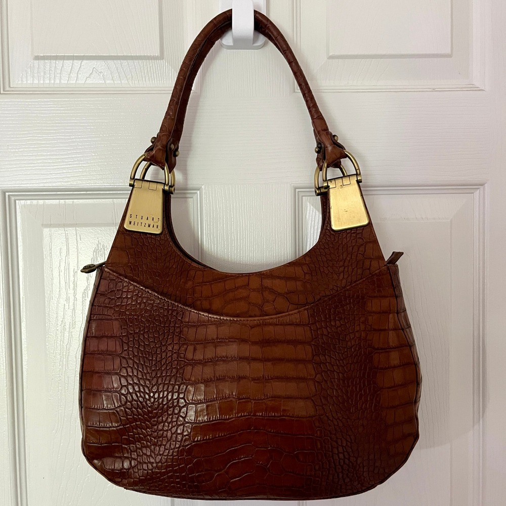 Stuart Weitzman Brown Croc Embossed Leather Hobo Shoulder Bag Brass Hardware